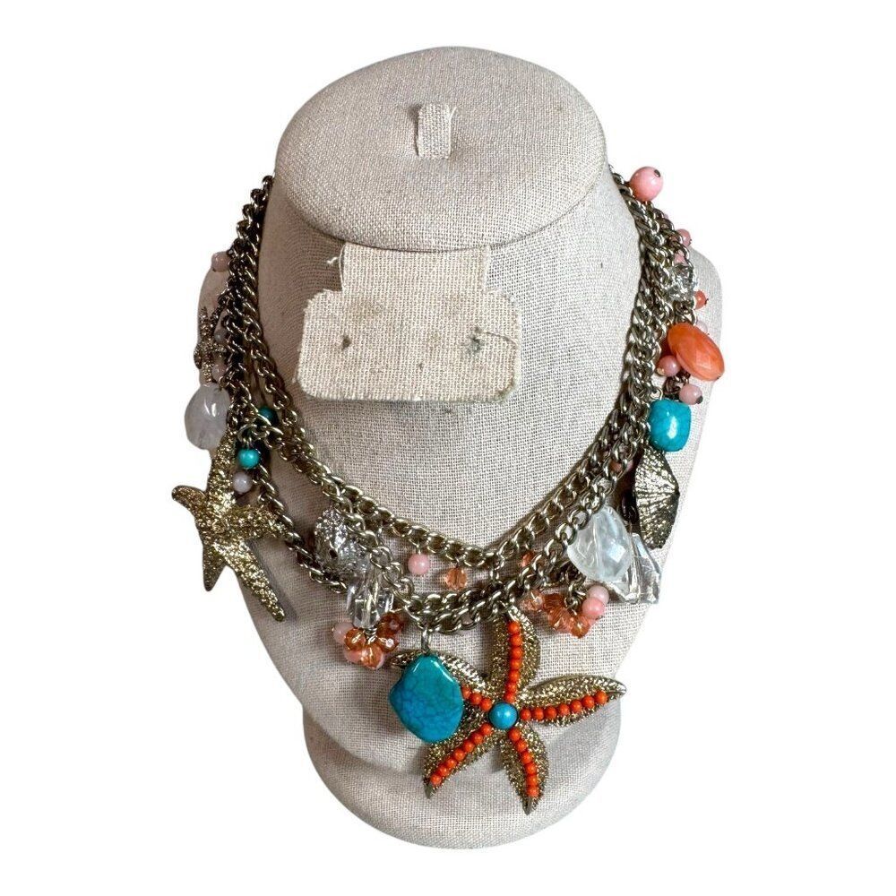 Starfish Coral Charm Necklace Beach Vacation Turquoise Bead Triple Strand Chain